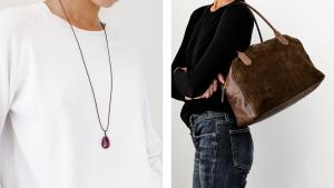 model wearing rebecca lankford necklace and model wearing b may handbag