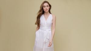Model Lani Baker wearing white dress by Ines de la Fressange Dress
