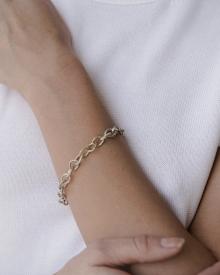 Close up of female wrist wearing white sweater and forced jewelry on Emanuela Duca