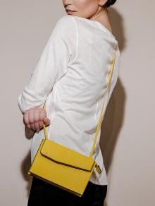 Model wearing yellow leather crossbody purse